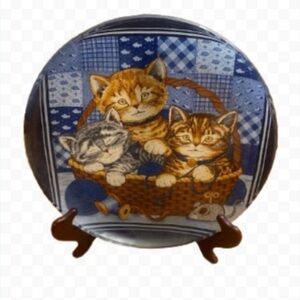 Tabby Cats Kittens Glass Decoupaged Plate Accent Decor